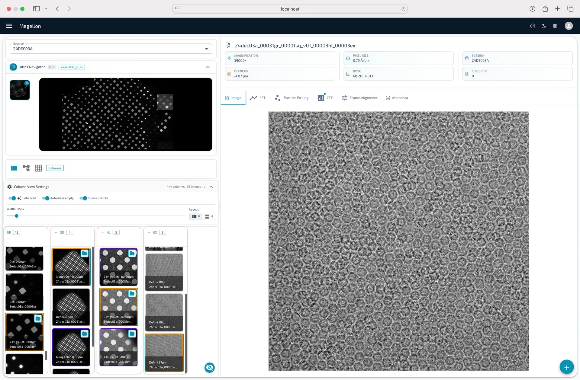 The CryoApex workspace, showing the session navigator on the left, an active cryo-EM micrograph in the center, plugin tabs (Image, CTF, Particle Picking, frame alignment, metadata) across the top, and result thumbnails along the bottom